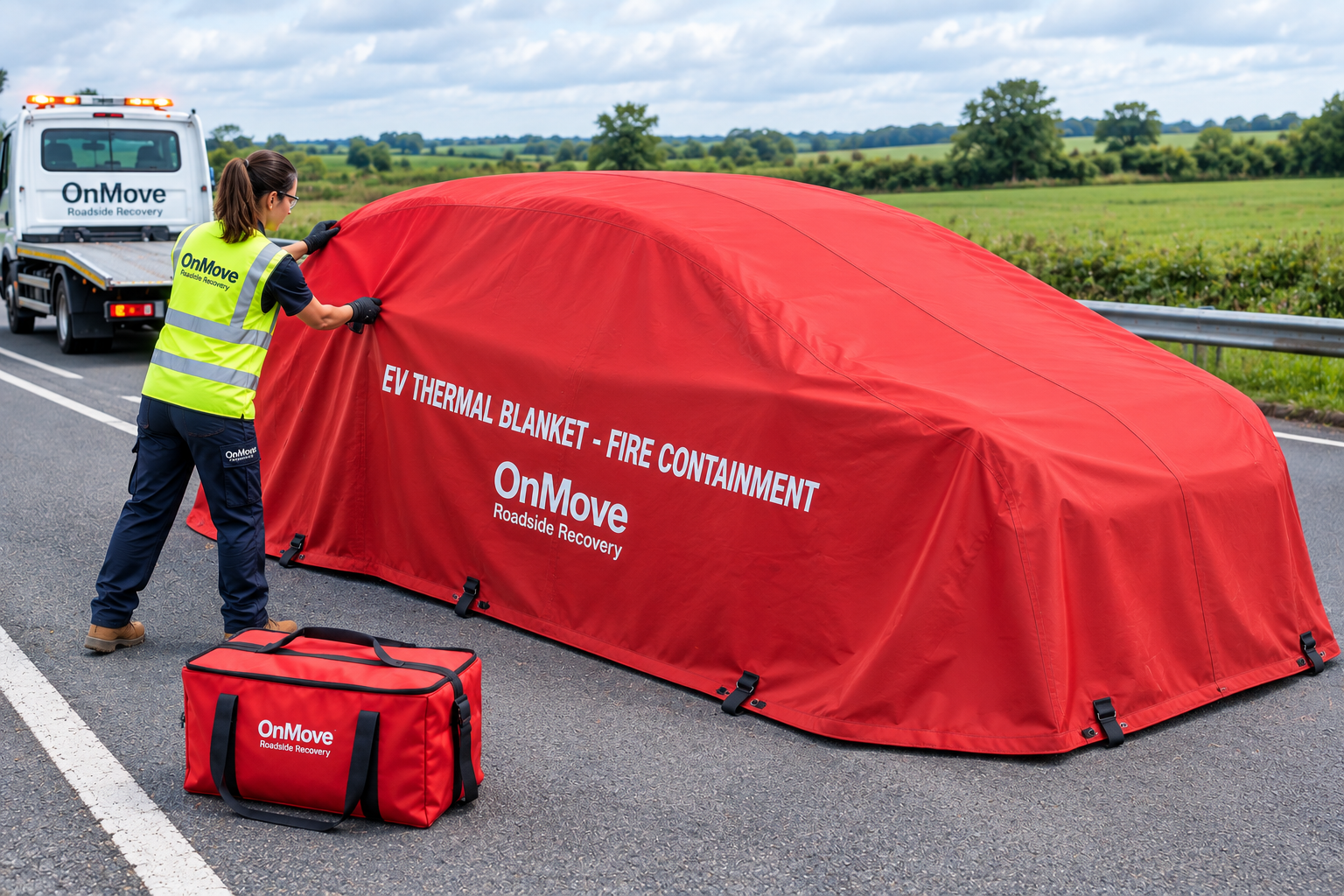 Electric vehicle covered with an EV thermal fire blanket